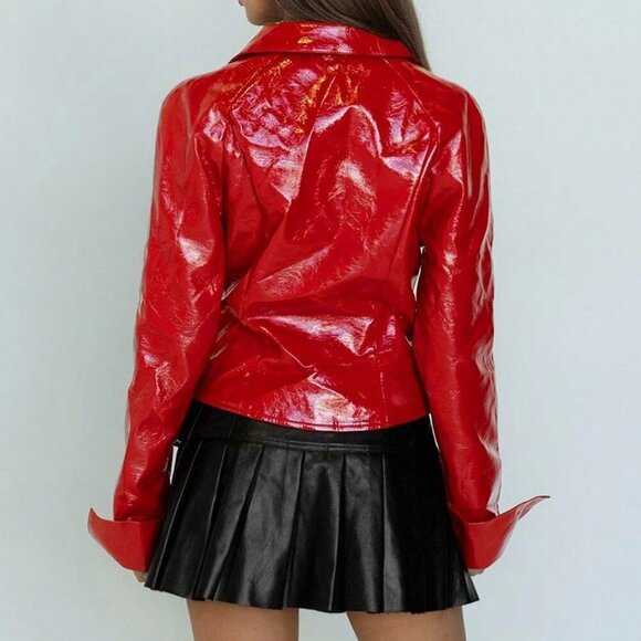 Red Party Women's Sexy Glossy faux Leather Jacket - Picture 2 of 8